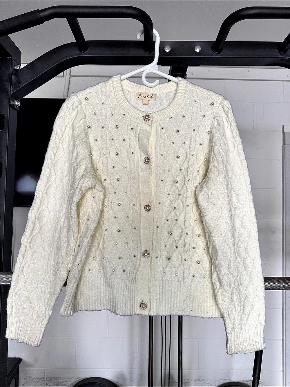 Marled Cable Knit Cardigan in White Size Large Like New
